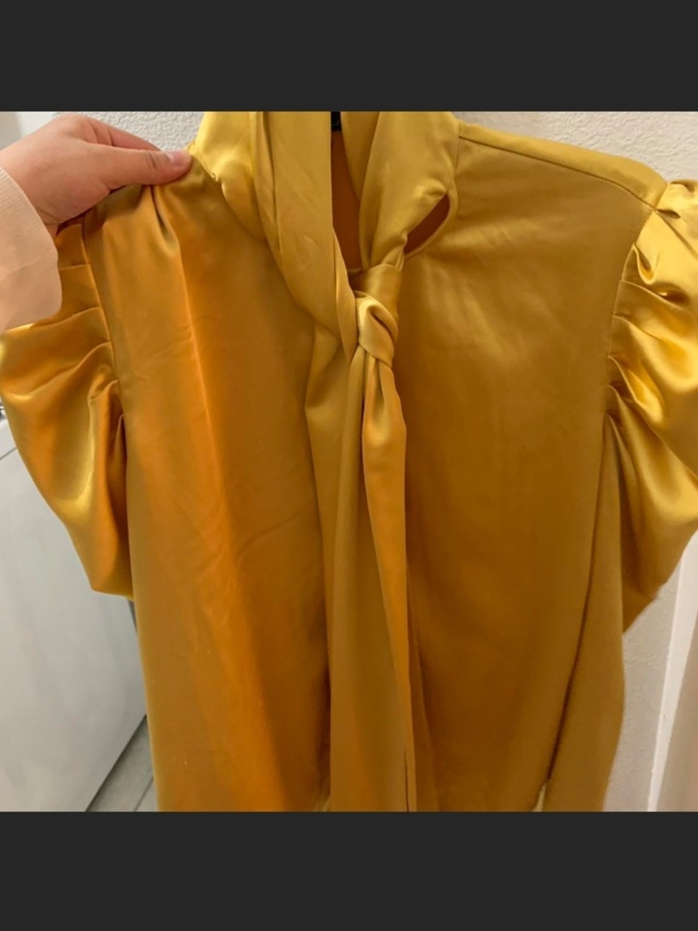 Mustard Tie-Neck Satin Blouse - Women Size 8